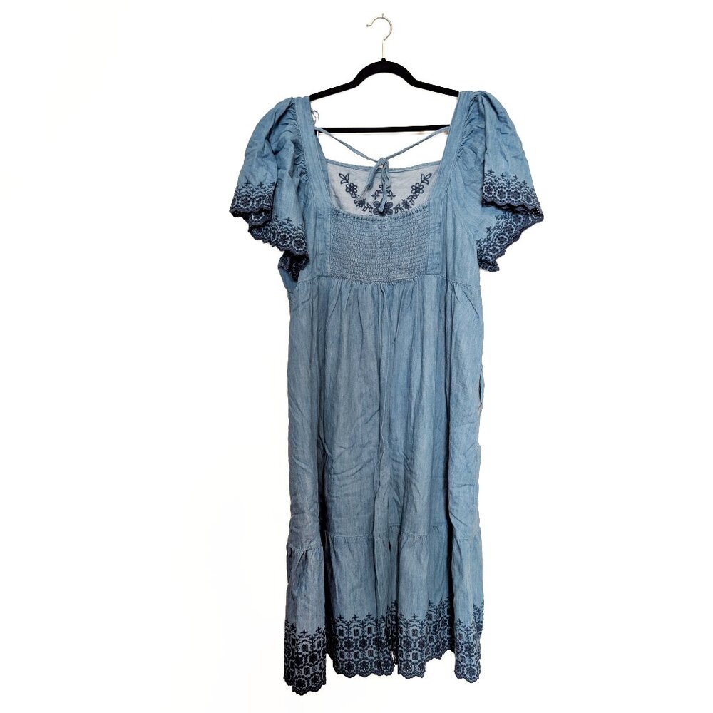 Blue Flutter-Sleeve Tie-Back Chambray Midi Dress Size 4X - Picture 2 of 6